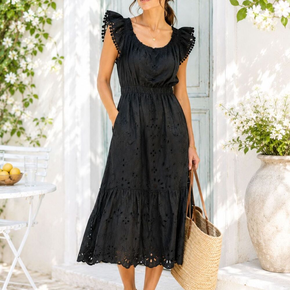J.Crew Black Eyelet Midi Dress Pom Trim Cotton Boho Romantic Size 10